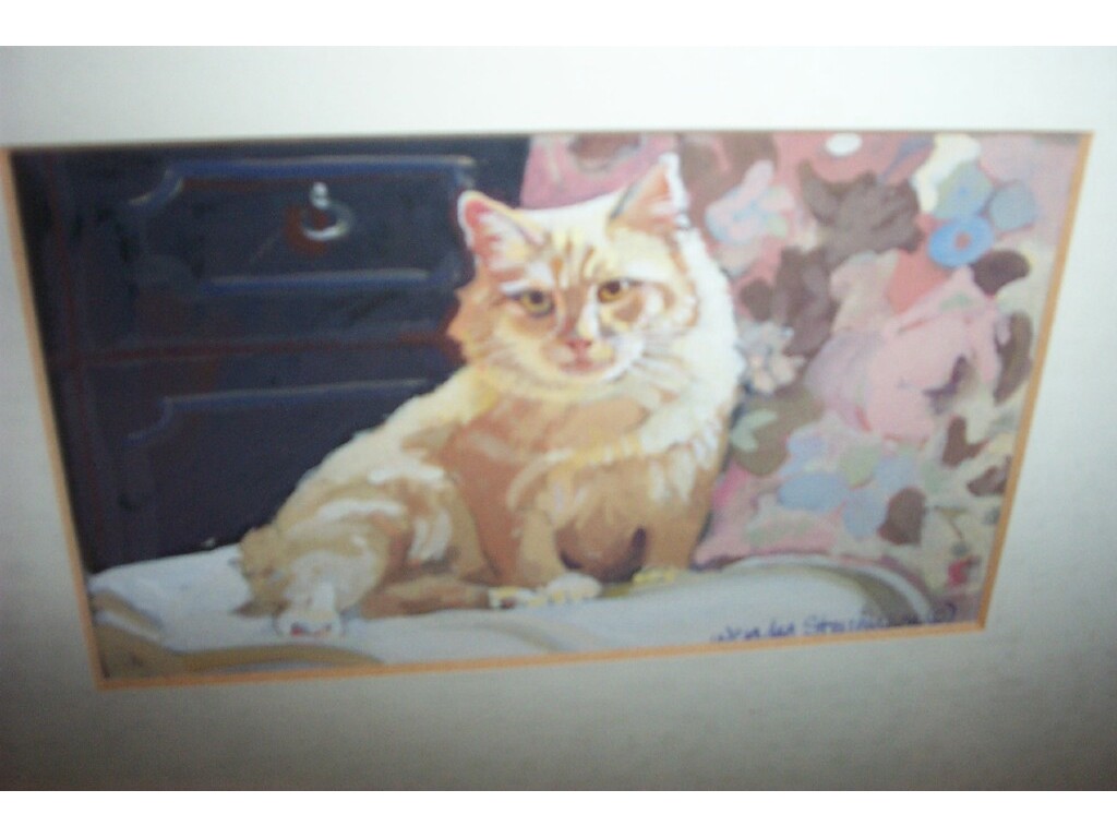 Appraisal: A gouache of a cat seated on an armchair by