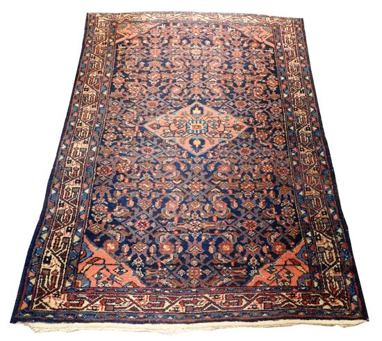 Appraisal: RUG Semi-Antique Persian Hamadan scatter rug cobalt blue ground rose