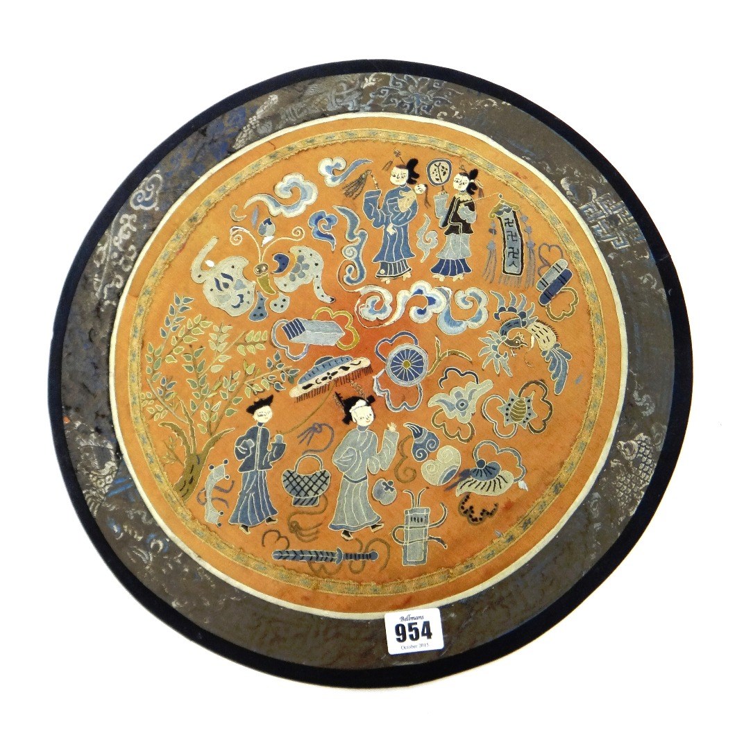 Appraisal: A Chinese silk embroidered circular panel late th century worked