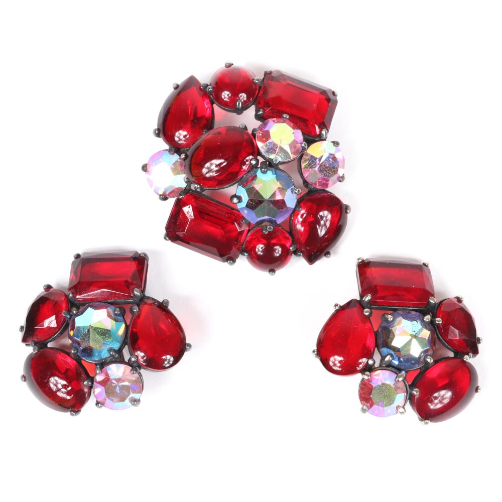 Appraisal: SCHIAPARELLI RED JEWEL PC BROOCH AND EARRINGS SET WITH AB