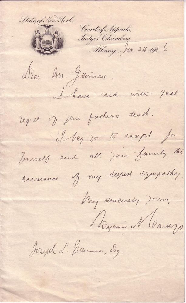 Appraisal: SUPREME COURT CARDOZO BENJAMIN N Autograph Letter Signed Benjamin N