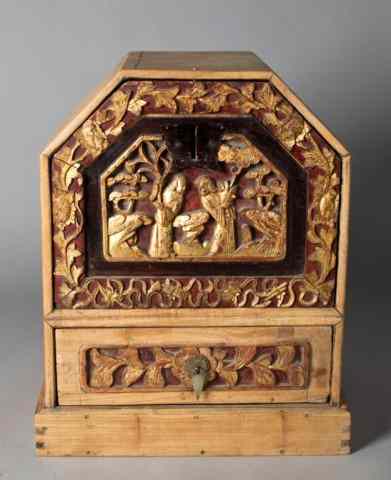 Appraisal: A Chinese Carved Giltwood Scholars BoxFinely carved to depict figures