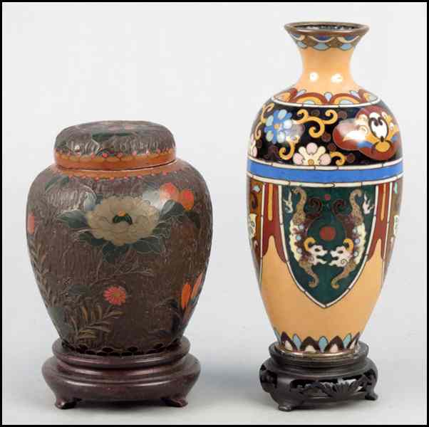 Appraisal: JAPANESE CLOISONNE URN ON STAND Together with a cloisonne covered