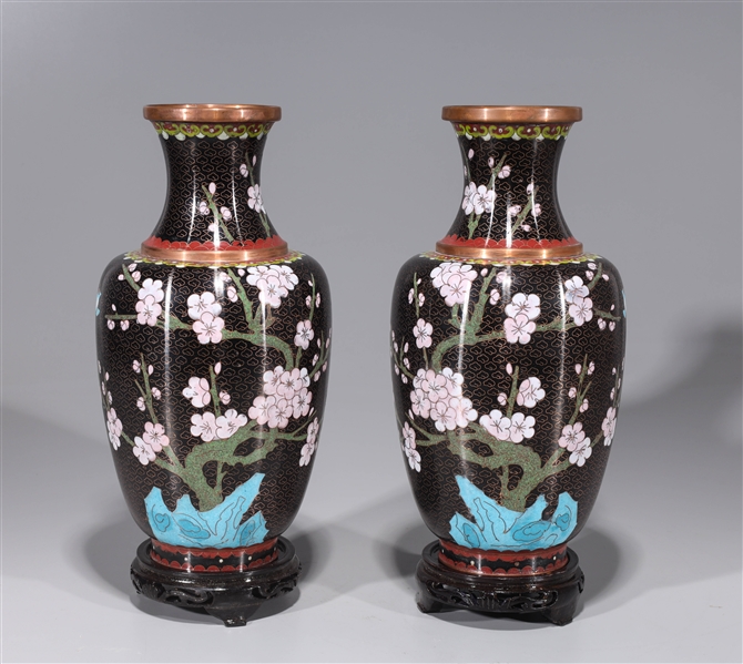 Appraisal: Pair of Chinese black ground cloisonn enamel vases with birds