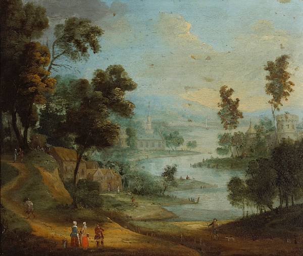 Appraisal: Anglo-Flemish School th Century A capriccio landscape with figures conversing