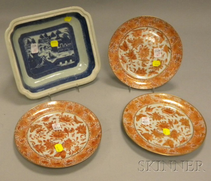 Appraisal: Three Chinese Export Porcelain Orange Fitzhugh Plates and a Canton