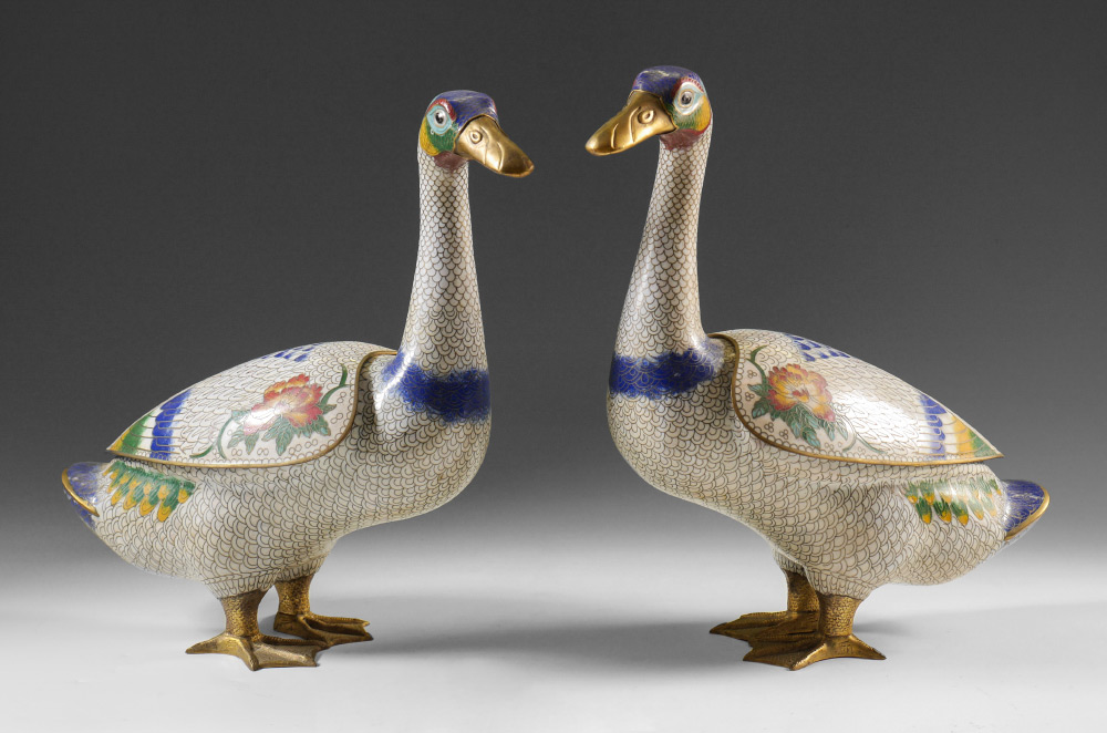 Appraisal: PAIR OF CHINESE CLOISONNE DUCK COVERED BOXES covered boxes in