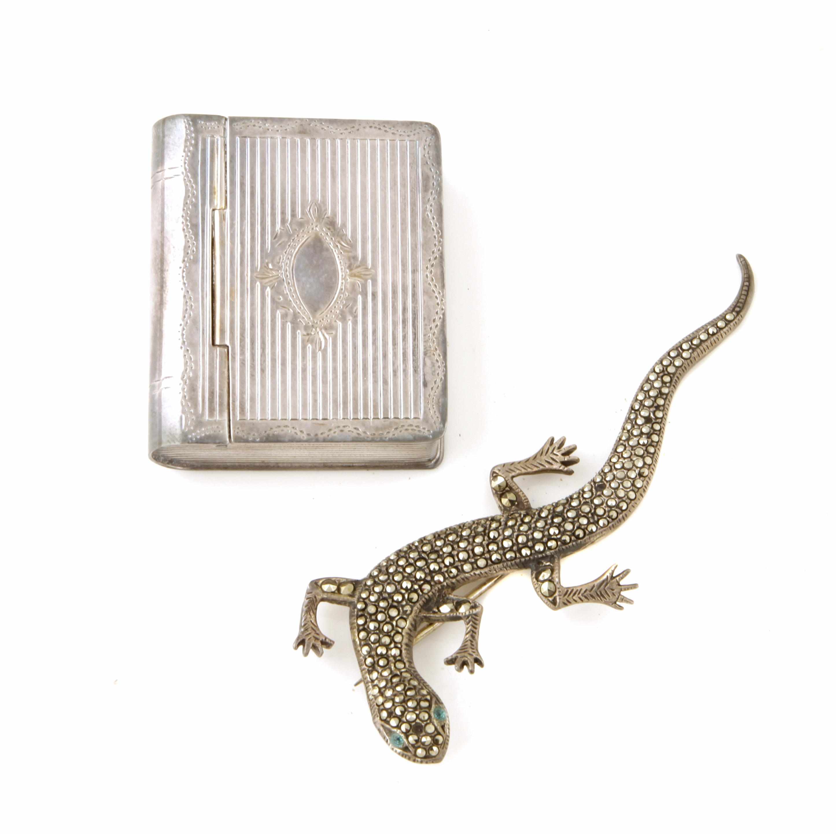 Appraisal: A silver ''book'' pillbox together with a marcasite lizard brooch