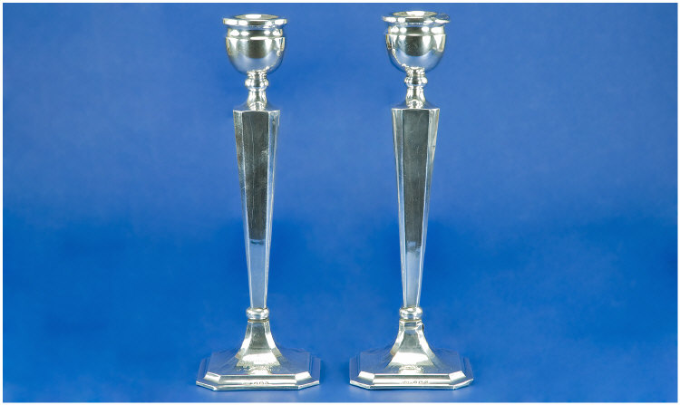 Appraisal: Pair Of Silver Candlesticks Of Tapering Form On A Square