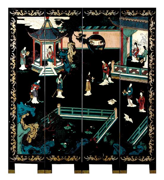 Appraisal: Chinese lacquer and paint-decorated folding screen early th century four-panel