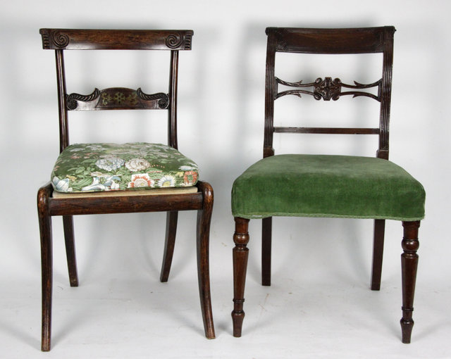 Appraisal: Two Regency mahogany dining chairs with carved backs and beech