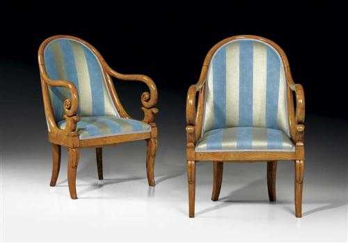 Appraisal: PAIR OF MAPLE ARMCHAIRS Restauration Paris circa With silver blue