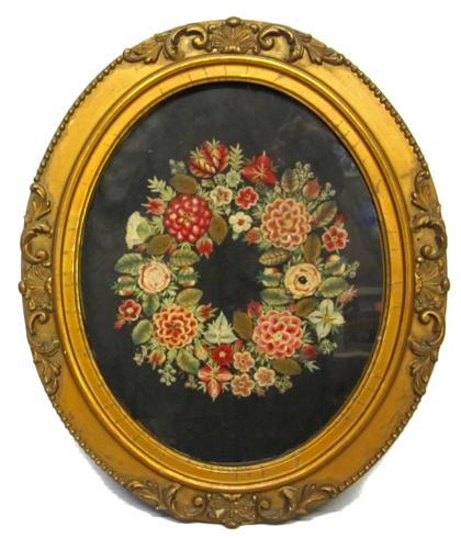 Appraisal: Victorian needleworked floral wreath late th century