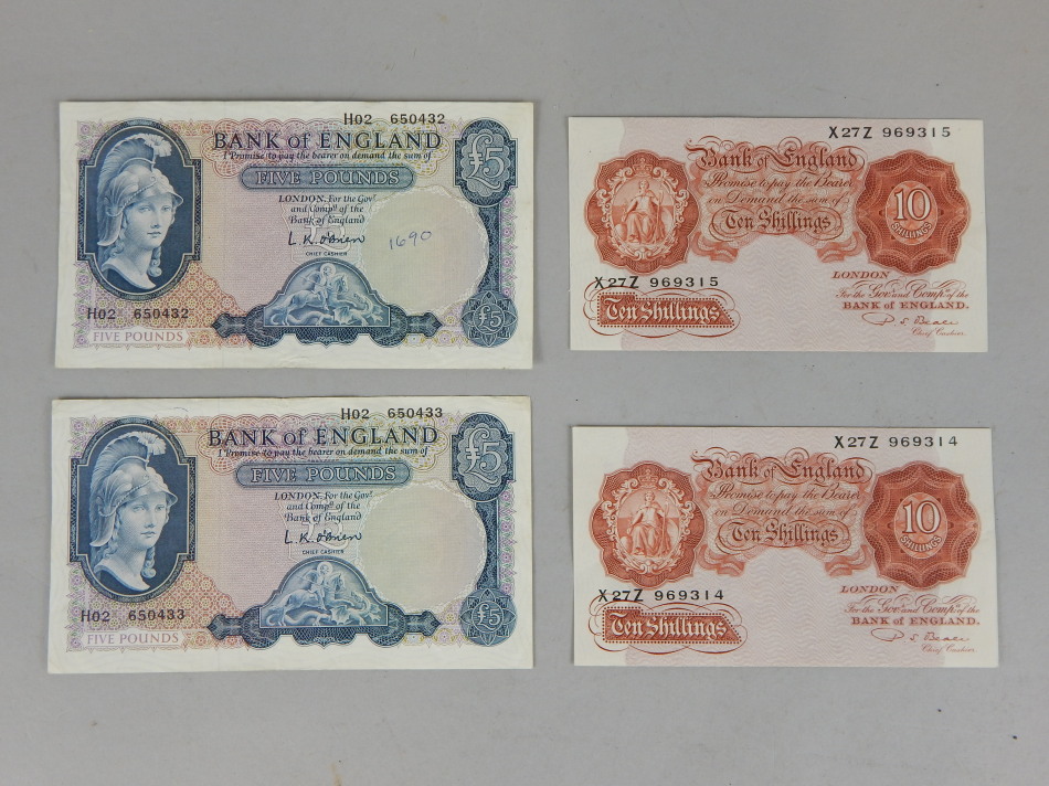 Appraisal: Various bank notes two uncirculated shilling notes Chief Cashier Beale