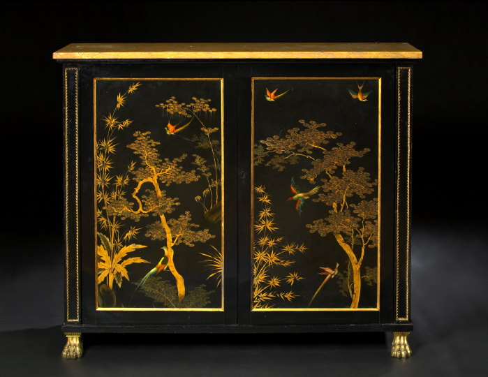 Appraisal: Regency-Style Black-Lacquered and Marble-Top Cabinet fourth quarter th century the