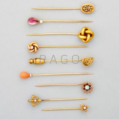 Appraisal: NINE GOLD STICK PINS ca Includes oyster shell with diamond