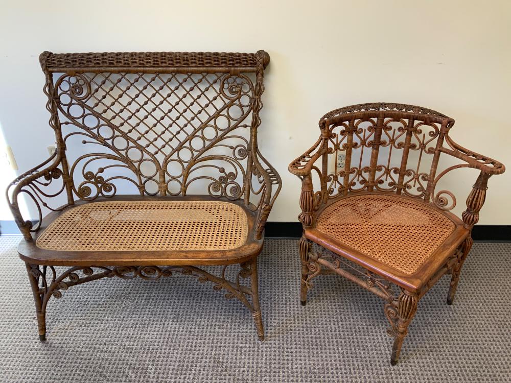 Appraisal: Victorian Rattan and Cane Seat Bench and Corner Arm Chair