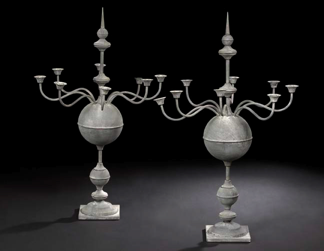 Appraisal: Monumental Pair of French Galvanized Metal Eight-Light Candelabra of 's