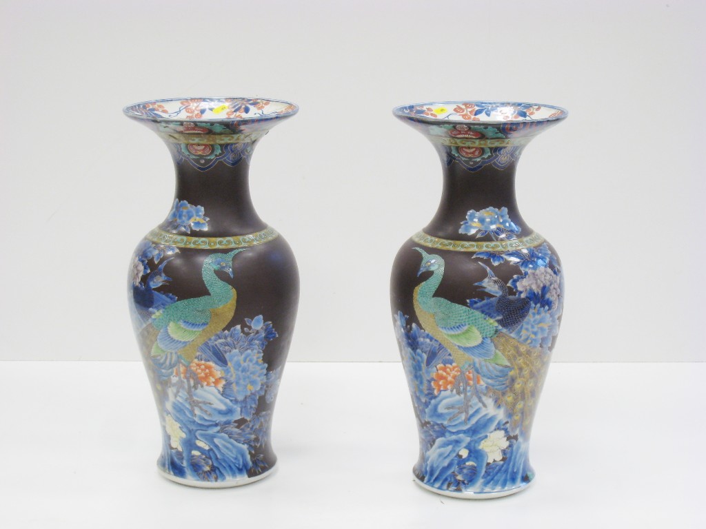 Appraisal: Pair of Chinese baluster Vases finely enamelled peacocks on brown