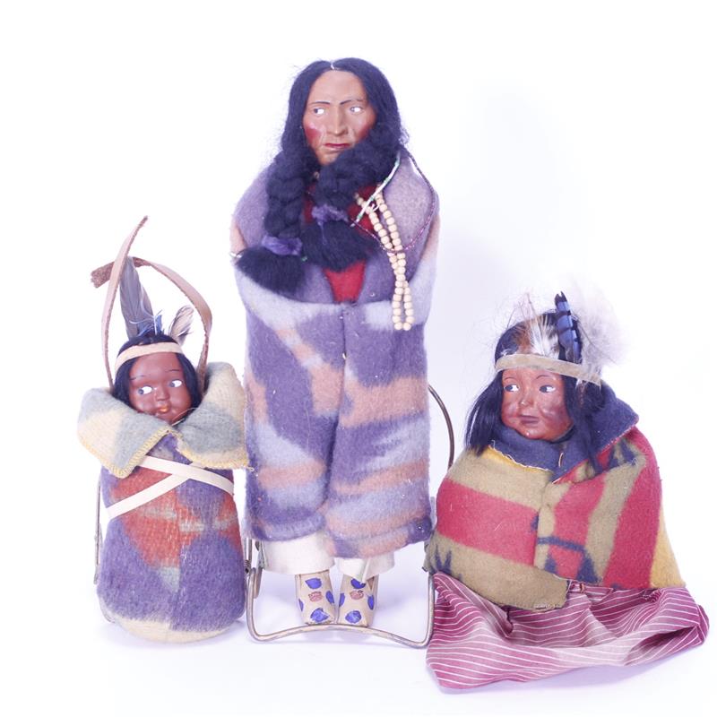 Appraisal: Three Skookum Bully Good Native American Indian Dolls Squat sitter