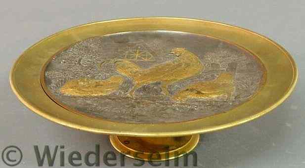 Appraisal: Brass tazza with relief rooster and chicken figures probably French