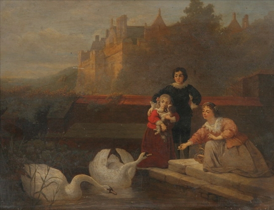 Appraisal: CONTINENTAL SCHOOL th century FIGURES FEEDING SWANS oil on panel