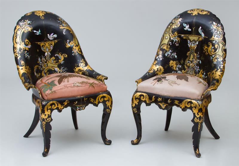 Appraisal: PAIR OF FINE VICTORIAN BLACK LACQUER PARCEL-GILT AND MOTHER-OF-PEARL INLAID