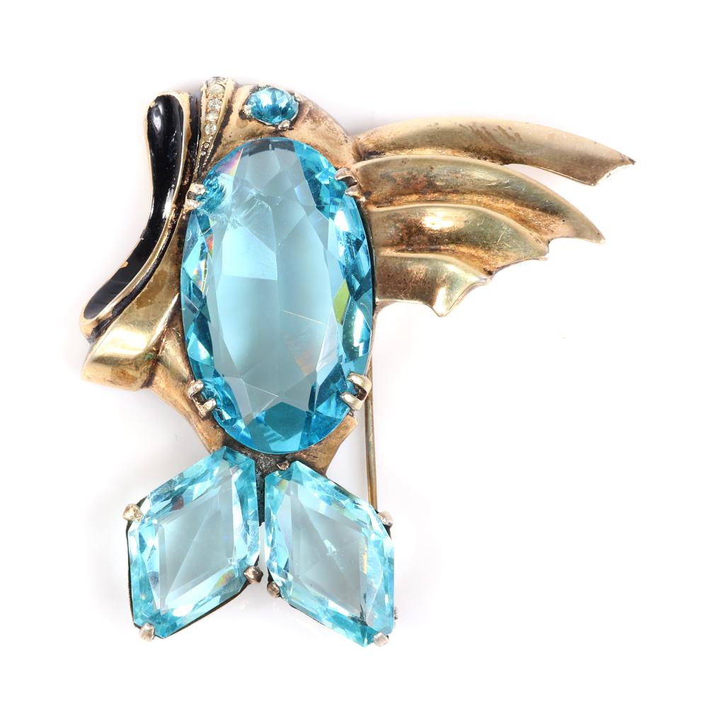 Appraisal: EISENBERG ORIGINAL GOLD PLATED FIGURAL FISH BROOCH WITH HUGE FACETED