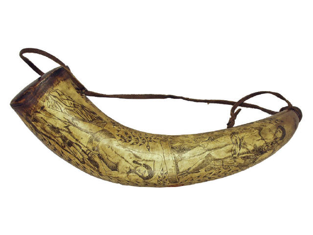 Appraisal: Superbly scrimshawed th century powder horn in romantic motif with