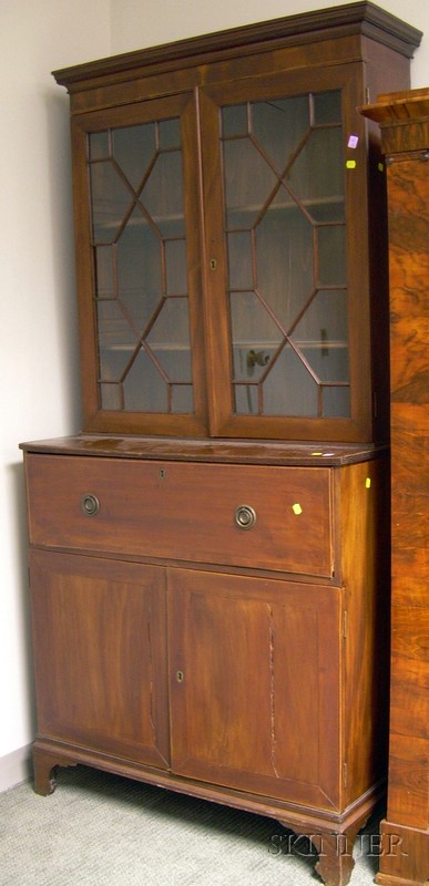 Appraisal: Georgian-style Glazed Inlaid Mahogany Two-Part Step-back Butler's Desk Bookcase ht