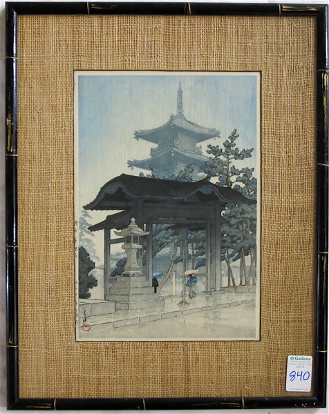 Appraisal: HASUI KAWASE WOODCUT Japan - Raining at Zentsu-Ji Temple Oban