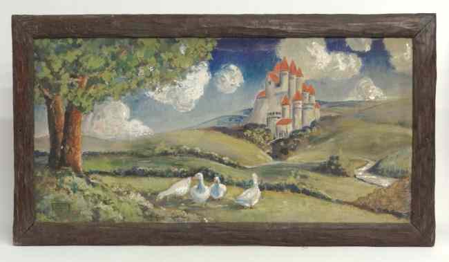 Appraisal: Painting oil on canvas castle and ducks signed ''Harlan Crandal