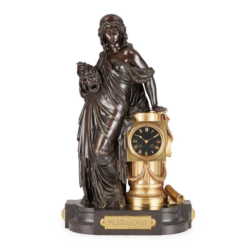 Appraisal: LARGE FRENCH PATINATED AND GILT BRONZE FIGURAL MANTEL CLOCK TH