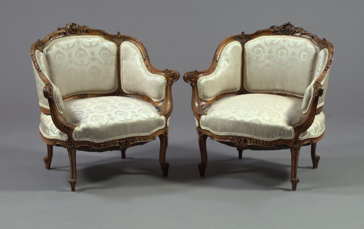 Appraisal: Pair of French Fruitwood Upholstered Bergeres fourth quarter th century