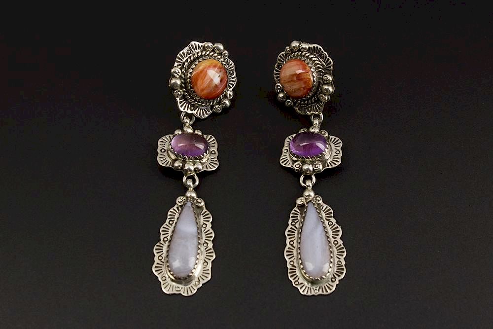 Appraisal: Navajo Earrings Navajo Sterling Silver Earrings with Orange Spiny Oyster