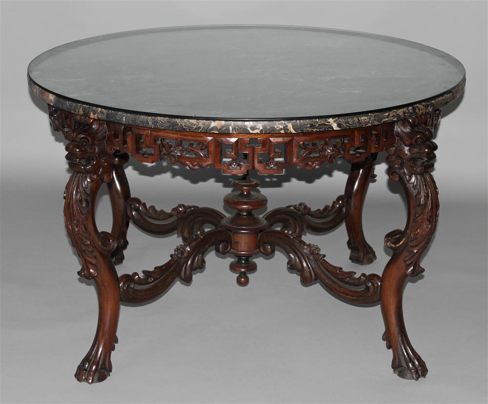 Appraisal: CHINESE CARVED WOOD TABLE WITH MARBLE TOP MODERN in the