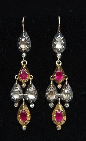 Appraisal: A PAIR OF GEORGIAN DROP EARRINGS three pear shaped diamonds