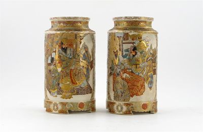 Appraisal: A pair of Japanese Satsuma cylindrical vases each painted with