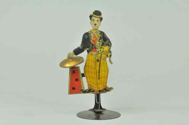 Appraisal: CHARLIE CHAPLIN CYMBAL PLAYER Litho tin squeeze toy Charlie holds