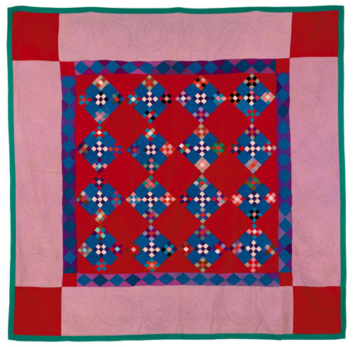 Appraisal: Amish rayon and wool double nine patch quilt with triangular