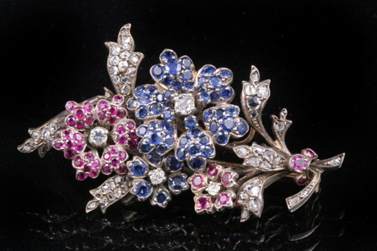 Appraisal: ANTIQUE YELLOW GOLD SILVER RUBY SAPPHIRE AND DIAMOND FLORAL BOUQUET