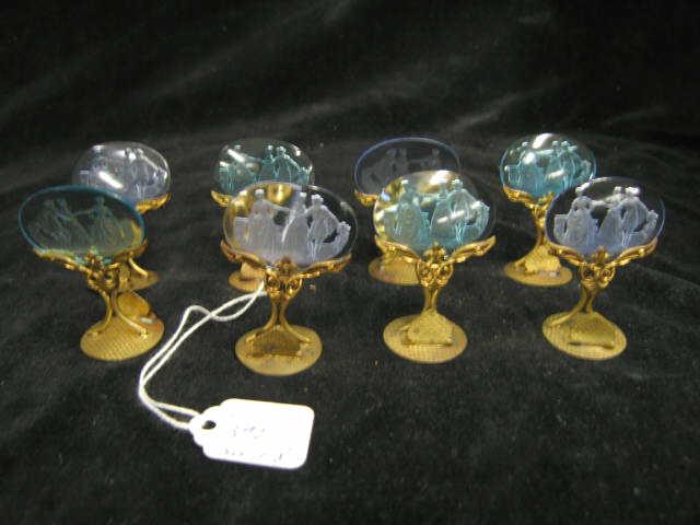 Appraisal: Czechoslovakian Art Glass Place Card Holders intaglio courting scenes