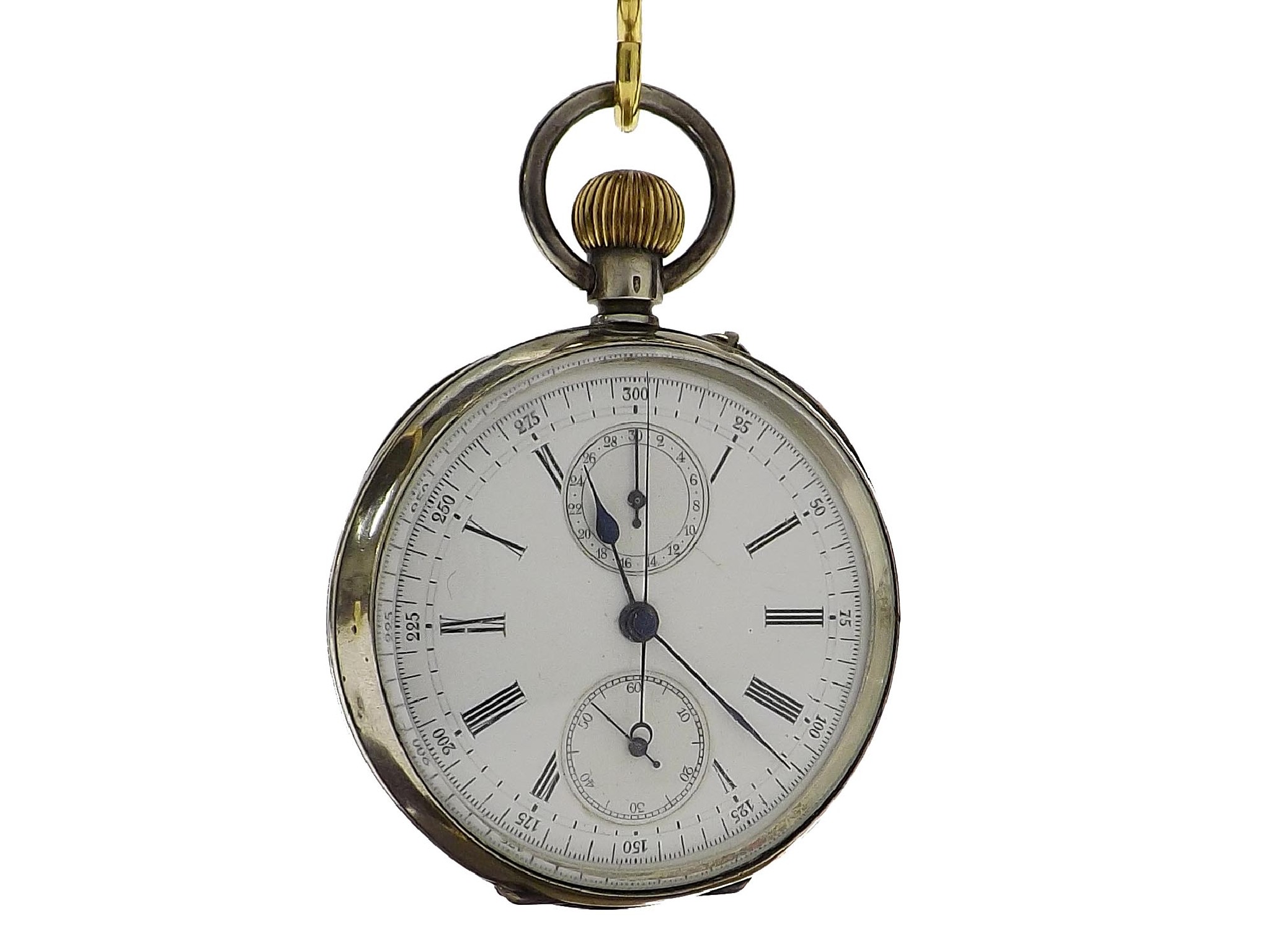 Appraisal: Swiss silver lever chronograph pocket watch the dial with centre