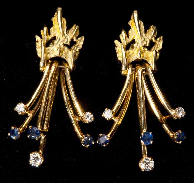 Appraisal: Gold Diamond and Sapphire Drop Pendant Earringsfeaturing an upper mounting