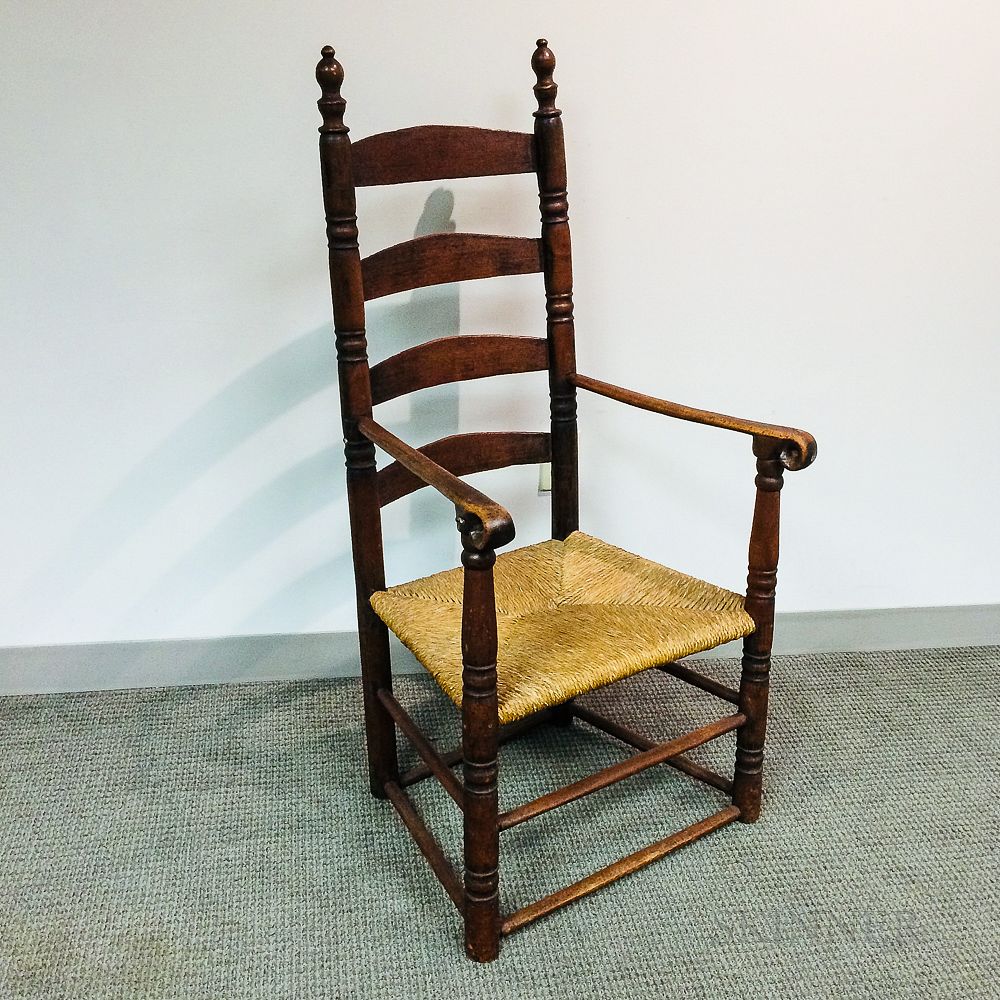 Appraisal: Early Carved and Turned Maple Ladder-back Armchair Early Carved and