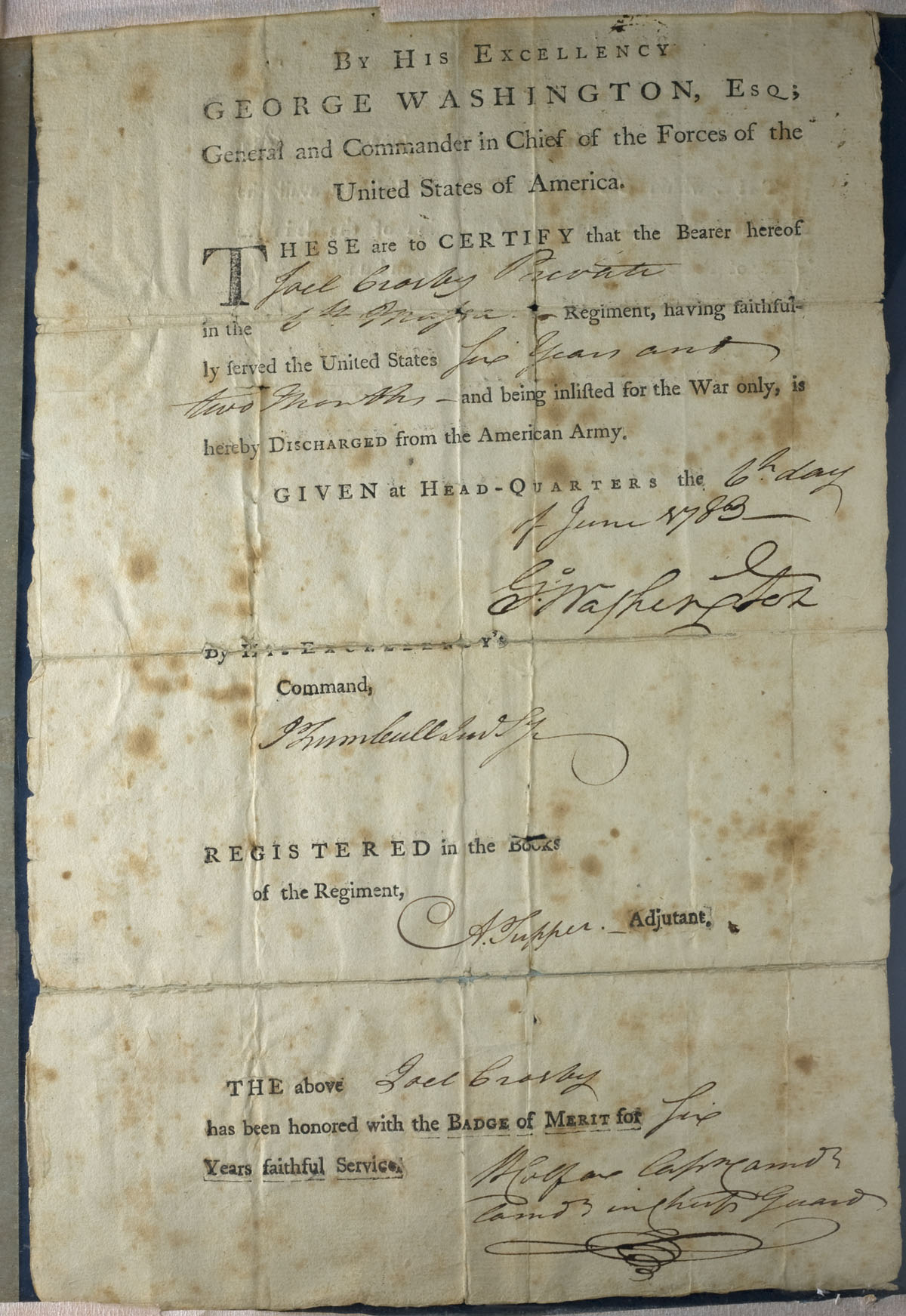 Appraisal: GEORGE WASHINGTON SIGNED REVOLUTIONARY WAR DISCHARGE FROM THE TH MASSACHUSETTS