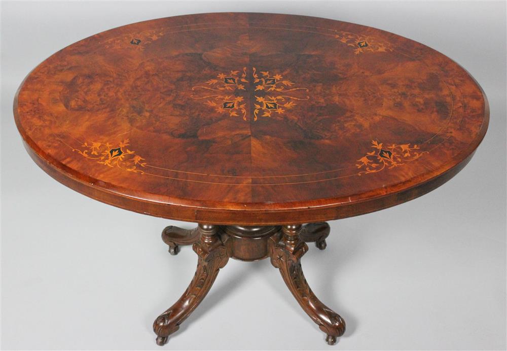 Appraisal: VICTORIAN INLAID WALNUT OBLONG CENTER OR LOO GAMES TABLE mid-