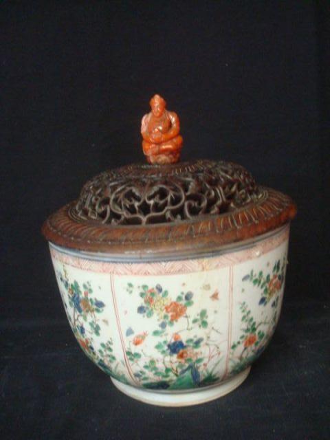 Appraisal: Asian Porcelain Bowl with Wood Lid As is-with and an