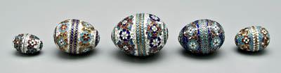 Appraisal: Five Russian enamel silver egg boxes scroll and floral enamel