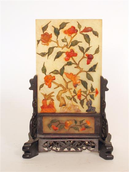 Appraisal: Chinese hardstone table screen late th century Rectangular insert stone